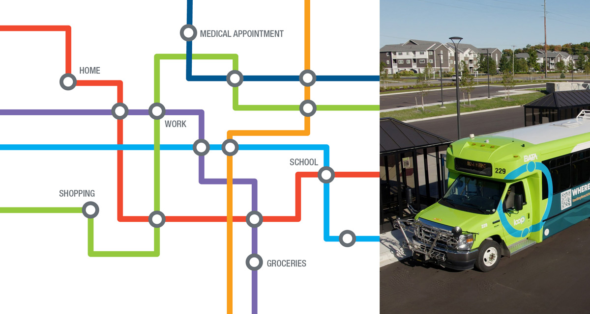 Image showing visual representation of all the places BATA can take you, like to work, appointments, and home